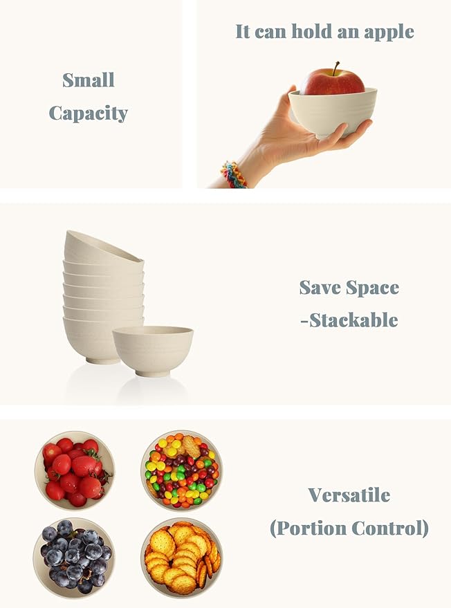 Homienly 10 OZ Dessert Bowls Wheat Straw Small Bowls Reusable Kids Bowl Mini Bowl for Ice Cream, Side Dishes, Fruit, Snack, Portion Control Unbreakable Lightweight Bowl Set, Microwave Safe (Beige)