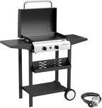 2 Burner BBQ Gas Griddle with Hood, 17.3 Inch Stainless Steel Portable Detachable Propane Griddle, 30,000 BTU Flat Top Barbecue Grill with Side Shelves for Camping