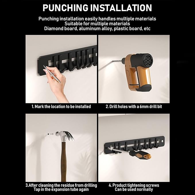 Adjustable Wall Mount Utensil Rack, Black Metal,8 Movable Hooks, 17.32x1.85 Inch, for Kitchen, Bathroom Storage