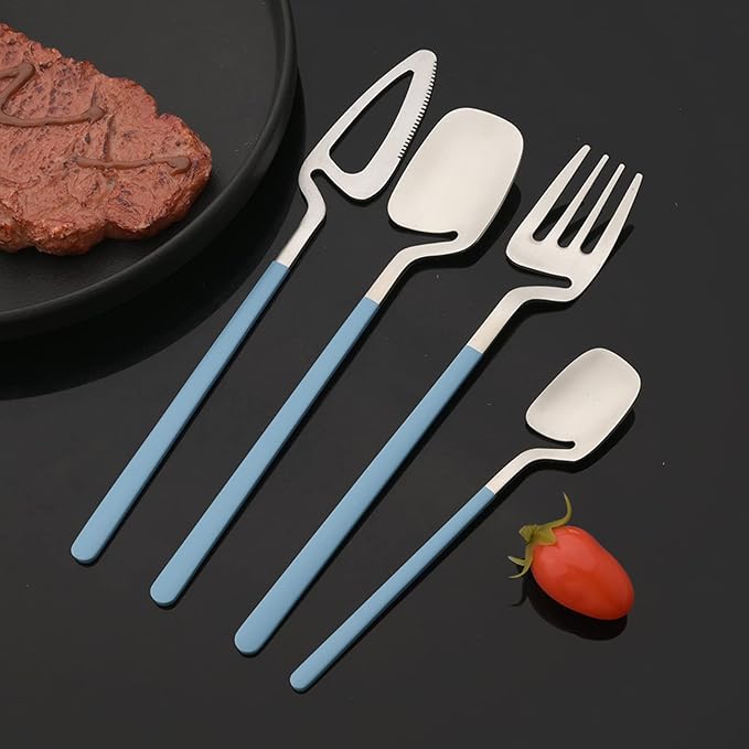 JASHII Hangable 24-Piece Silverware Set, Cute Macaron Color Satin Finish Flatware Cutlery Set Service for 6, Knives/Forks/Spoons Included, Dishwasher Safe (Blue Silver)