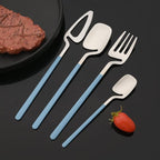 JASHII Hangable 24-Piece Silverware Set, Cute Macaron Color Satin Finish Flatware Cutlery Set Service for 6, Knives/Forks/Spoons Included, Dishwasher Safe (Blue Silver)