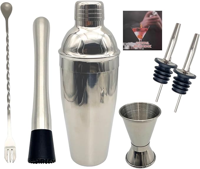 7-Piece Cocktail Shaker Set, Bartender Kit, Home Bar Accessories, Mixing Spoon, Measuring Jigger, Pour Spout, Muddler ，23oz Shaker with Built-in Bartender Strainer，Stainless Steel Bar Set