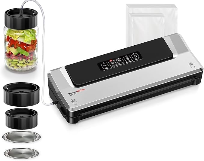 Bonsenkitchen Vacuum Sealer Machine + Mason Jar Sealer Kit, Fast-Compact/Multi-Functional Food Vacuum Sealer with External Vacuum System & 40 Vacuum Bags, Silver