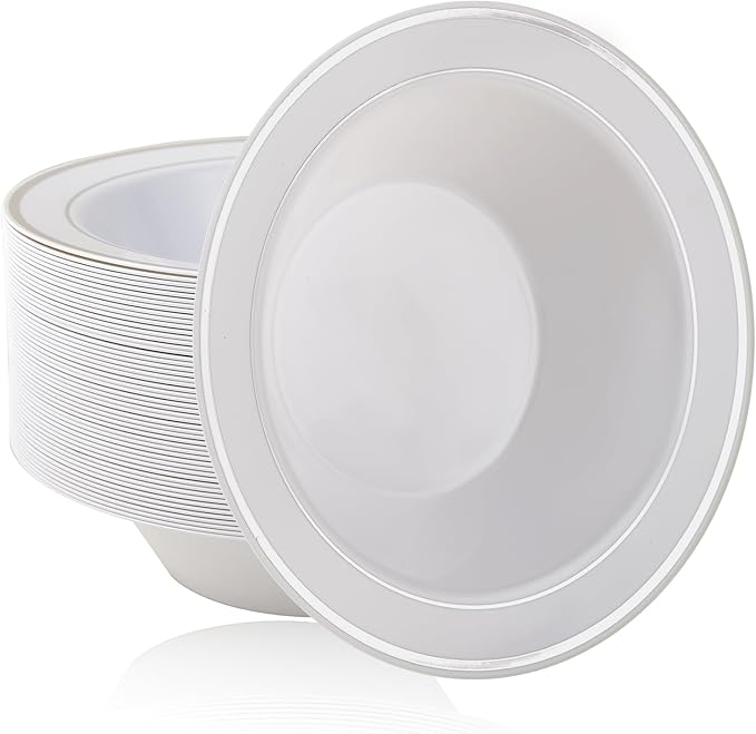 JOLLY PARTY 100PCS Plastic Bowls with Silver Rim-12oz Disposable Soup Bowls, Christmas Thanksgiving Premium Heavy Duty Plastic Dessert Bowls for Wedding/Party, Silver
