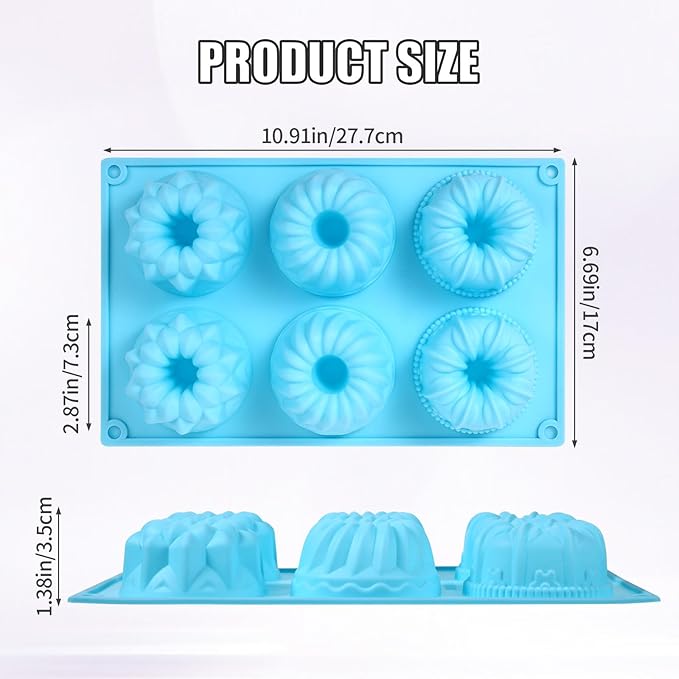 3PCS Mini Bundt Cake Pans for Baking, Non-stick 6 Cavity Silicone Bundt Cake Pan Molds, Multipurpose Molds for Cupcakes Brownies Jellies with Even Heat Transfer Feature for Home Baking(3 Styles)