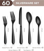 Black Silverware Set for 12, Ollex 60-Piece Black Flatware Set Include Forks Spoons and Knives Stainless Steel Eating Utensils Sets Mirror Finish Tableware Kitchen Cutlery Sets, Dishwasher Safe
