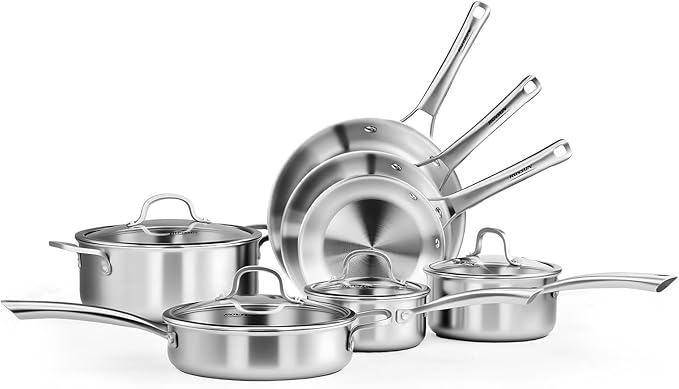 ROVSUN 11-Pcs Stainless Steel Cookware Set, Tri-Ply Pots and Pans Set, Non-Toxic Kitchen Set, PFOA & PTFE Free, Full Clad Frying Pans, Saucepans, Saute Pan & Stock Pot, Compatible for All Cooktops
