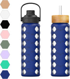 MUKOKO 24oz Glass Water Bottle with 2 Lids-Handle Flip Lid&Bamboo Straw Lid,Motivational Water Tumbler with Time Marker Reminder and Silicone Sleeve, Leakproof-Blue