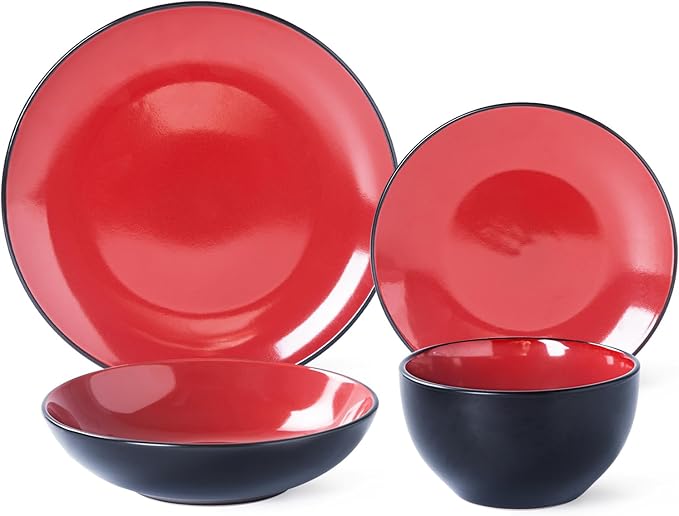 Plates and Bowls Sets for 4 - CJDC-QUELO 16-Piece Stoneware Dinnerware Sets, Ceramic Dishware Set for Indoor Kitchen Use and Formal Dining, Chip and Scratch Resistant Microwave Dishwasher Safe, Red