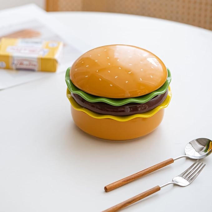 Ceramic Bowls & Plates Sets, Cute Hamburg Style 5-Pieces Dinnerware Sets, Dinner Dessert Plates & Cereal Bowls with Lid. Novel Tableware Gift.