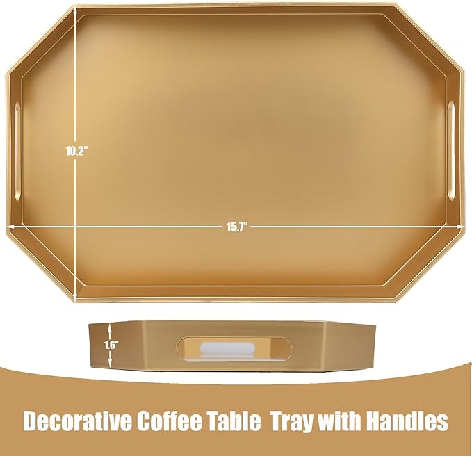 Gold Decorative Tray with Handles, Versatile Serving Tray for Coffee Table, Ottoman, Ideal for Serving, Displaying, Organizing, 15.7"*10.2"*1.57"