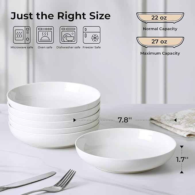 Y YHY Pasta Bowls, 22 Ounce Salad White Bowl Plates Set of 6, Porcelain Dishes for Serving Dinner - Dinnerware Sets Microwave Dishwasher Safe Thanksgiving Day Gift