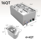 Valgus Commercial Stainless Steel 4 Sections Bain Marie Food Warmer 16 Qt Buffet Server with Lid and Tap for Home, Catering, Restaurants