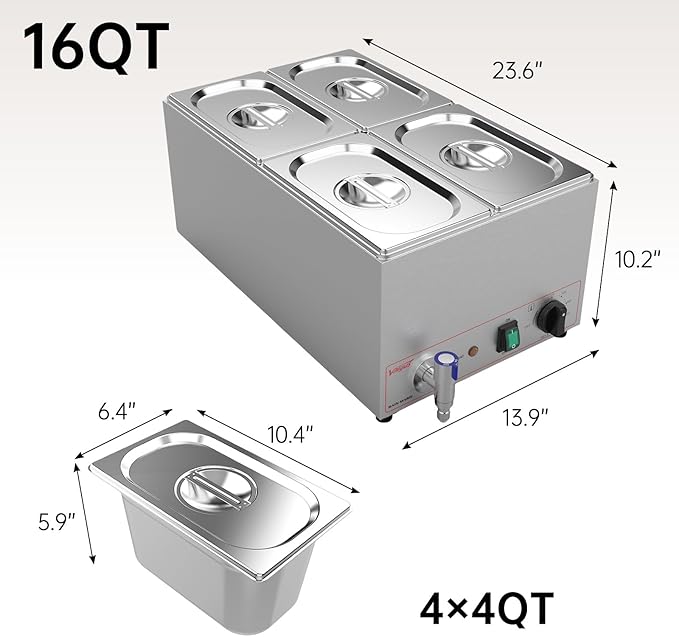 Valgus Commercial Stainless Steel 4 Sections Bain Marie Food Warmer 16 Qt Buffet Server with Lid and Tap for Home, Catering, Restaurants