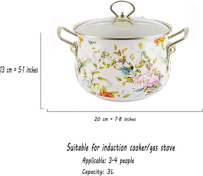 Vintage Enamel Stockpot with Lid,Large Stock Pot Enamel 5.5 Liters Nonstick Saucepan with Glass Lid Flower Enamel on Steel Cooking Pot with Lid, Vintage Thicken Soup Pot with Handles,20CM