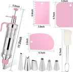 Dualshine Pink Cake Decorating Kit - 6 Russian Piping Icing Nozzles, 3 Cream Scrapers, Stainless Steel Cupcake Frosting Filling Injector