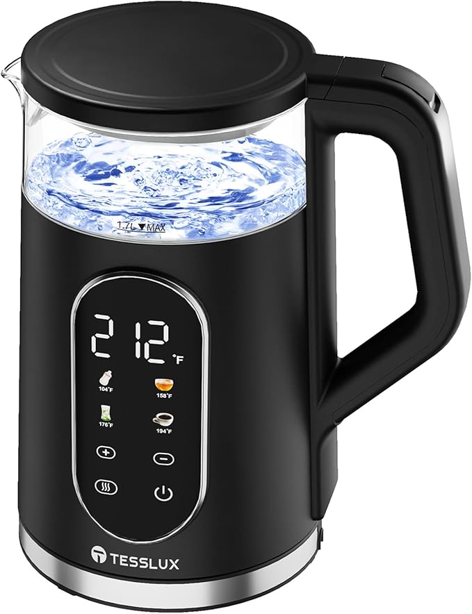 Electric Kettle, 1500W Fast Boiling Glass Water Kettle with Temperature Control, 1.7L Cordless Stainless Steel Base, Keep Warm & Auto Shut-Off, BPA-Free, Black