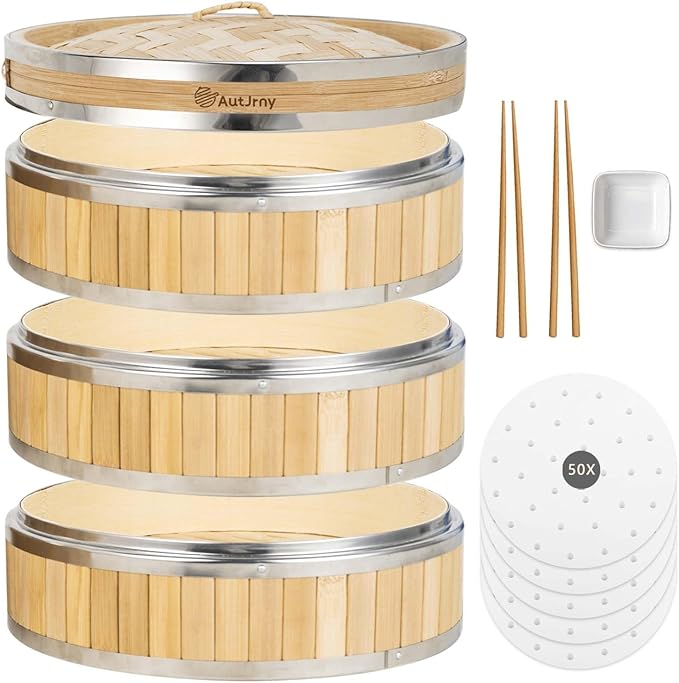 9.5-Inch Vertical Bamboo Steamer Basket, 3-Tier with Stainless Steel Rings | 50 Liners, Sauce Dish & 2-Chopsticks | Cooking Pot for Buns Dumplings Rice Vegetables Dim Sum