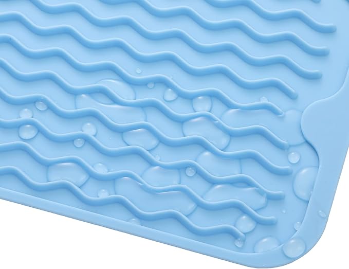 Silicone Dish Drying Mat for Multiple Usage,Easy clean,Eco-friendly,Heat-resistant Silicone Mat for Kitchen Counter,Sink,Bar,Bottle,or Cup Light Blue M 17 inches x 6 inches