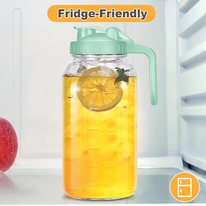 Mason Jar Pitcher, 64 OZ Breast Milk Pitcher Double Leak Proof with Pour Spout Handle, Wide Mouth Iced Tea Pitcher for Fridge, Creamer Container for Coffee, Sun Tea juice (Green,1 Pack)