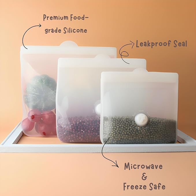 Reusable Silicone Food Storage Bags – Premium Eco-Friendly Multi-Size Set (650ml/1300ml/2000ml), Leakproof, BPA-Free, Freezer & Microwave Safe, Dishwasher Friendly (White(Clear))