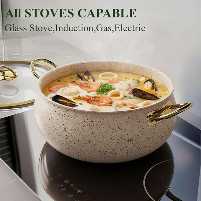 Fully Clad 5-Ply Stainless Steel Cookware Set, 12Pcs Nonstick Pots and Pans Set with Stay-Cool Handles, Induction Compatible, Stackble Design, Includes with Frying Pan, Saucepans and Saute Pan (Beige)