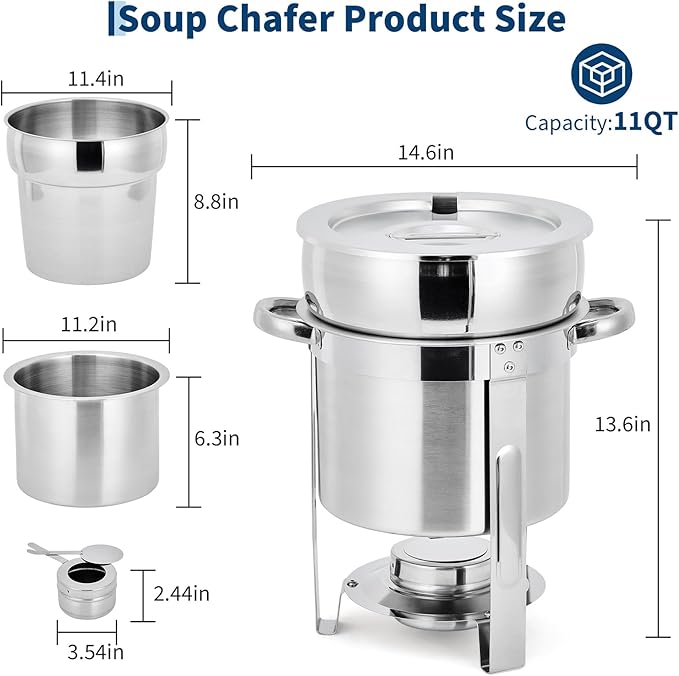 Commercial 11QT Soup Chafer Set, 4 Pack Stainless Steel Round Food Warmers Set with Pot, Notched Lids & Fuel Containers, Soup Warmers Ideal for Buffet Service & Event Catering
