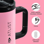 100% Leakproof 40 oz Tumbler with Handle & 4-in-1 SipSwig Lid, Built-In Flip Straw & External Stainless Steel Straw, Insulated Stainless Steel Cup, BPA-Free, Pink & Black