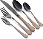 20-Piece Black Silverware Set 18/0 Stainless Steel Flatware Brown Handle Cutlery Set Service for 4 Dinner Knives Forks Spoons Set Mirror Finish Dishwasher Safe