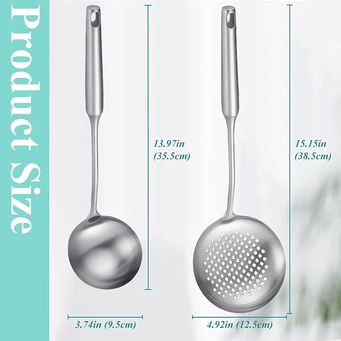 Soup Ladle and Slotted Spoon Set of 2, Metal 316 Stainless Steel Kitchen Ladles Food Strainer, Large Cooking Ladel and Fryer Scoop Kitchen Utensil Set for Stirring Serving Draining Frying