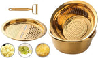 TEHAHA Colander Set With Peeler,3 in 1 Strainer for Kitchen: Stainless Steel Vegetable Slicer,Large Capacity Drain Basket With Mixing Bowl For Washing Vegetables, Fruit, Rice,Dishwasher Safe,Gold.