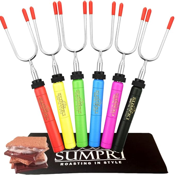 Smores Sticks For Fire Pit - Marshmallow Roasting Sticks For Campfire, Rotating Smore Sticks Set of 6 - Safe, Fun Telescoping Multicolored 34 Inch Hot Dog Sticks - SUMPRI Long Camping Skewers