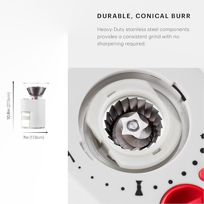 Bodum Bistro Electric Conical Burr Coffee Grinder, Preset Timer, 12 Grind Settings, White