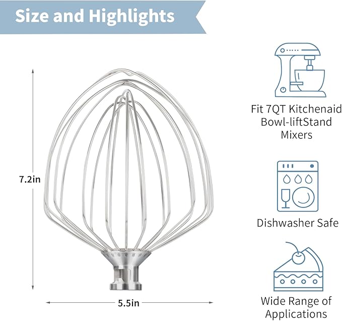 Stainless Steel Stand Mixer Attachment 3-Piece Set for KitchenAid 7QT Lift Bowl Mixer. Includes whisk, flat beater and dough hook for KitchenAid 7-quart mixer, Dishwasher Safe