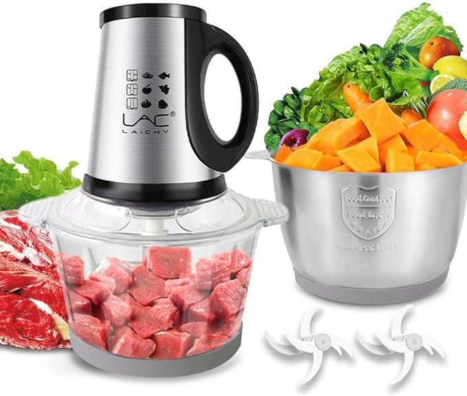 Food Processor,Small Meat Grinder,300W Powerful Pure Chopper Motor Food Choper,Electric Vegetable Choper with 2 Bowls(8 Cup+8 Cup) and 2 Blades for Onion,Baby Food,Meat,Fruit