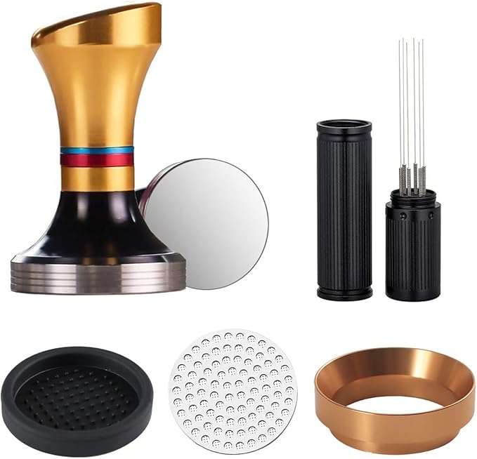 58mm Espresso Tamper Accessories Kit: 58mm Coffee Espresso Tamper Set, with Espresso Tamper, Wdt Stirrer Tool, Puck Screen, Dosing Funnel, Tamper Mat, Coffee Stencils for Espresso Machine (Golden)