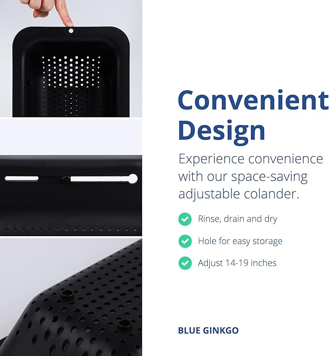 BLUE GINKGO Sink Colander Baskets - (Pack of 2) Wash Vegetables and Fruits, Drain Cooked Pasta and Dry Dishes - Extendable - New Home Kitchen Essentials (2 Black)