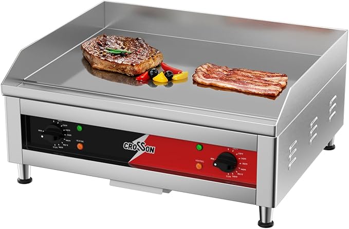 CROSSON 24"*16" Commercial Chrome Plated Griddle,Electric Countertop Griddle with Non-Stick 2/5" Thick Cooking Plate and Double Section 575℉ Adjustable Temp Control for Restaurant use-120V,3500W