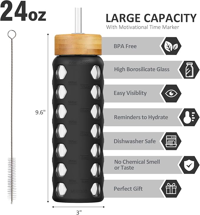 MUKOKO 24oz Glass Water Bottle with 2 Lids-Handle Flip Lid&Bamboo Straw Lid,Motivational Water Tumbler with Time Marker Reminder and Silicone Sleeve, Leakproof-Black