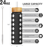 MUKOKO 24oz Glass Water Bottle with 2 Lids-Handle Flip Lid&Bamboo Straw Lid,Motivational Water Tumbler with Time Marker Reminder and Silicone Sleeve, Leakproof-Black