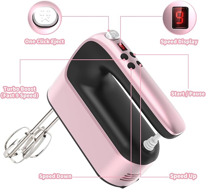 9-Speed Digital Hand Mixer Electric, 400W Powerful DC Motor, Baking Mixer Handheld with Snap-On Storage Case, 5 Stainless Steel Accessories, Flat Beaters, Dough Hooks, Whisk (Rose Gold)