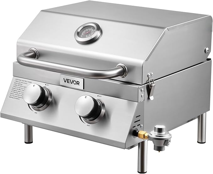VEVOR Tabletop Gas Grill, 2-Burner Stainless Steel Portable Propane Grill, with Built-in Thermometer, Travel Locks, Weatherproof Lid, 15,000 BTU Total, for Outdoor Cooking, Patio, Party, Camping, RV