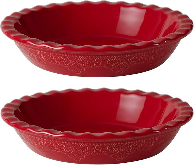 Fun Elements Pie Pan, 9 Inch Ceramic Pie Dish, Deep Dish Pie Pan with Lace Emboss, Ruffled Pie Plate for Baking, Thanksgiving Christmas Gifts, Set of 2, Red