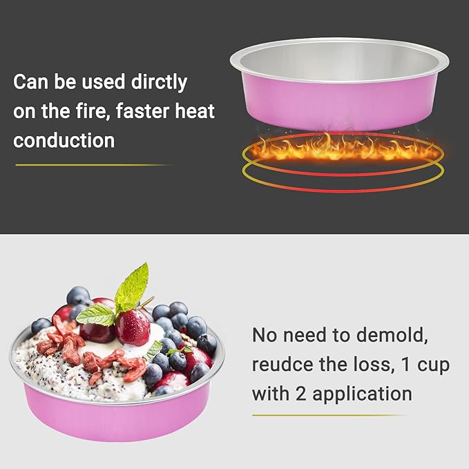 Beasea Disposable Mini Pans with Lids, 100 Pack 4” 8oz Pink Aluminum Baking Pie Foil Tins Small Round Tart Cups Containers for Individual Cupcake Muffin Cheesecake Dessert Ramekins Quiche Oven Dishes