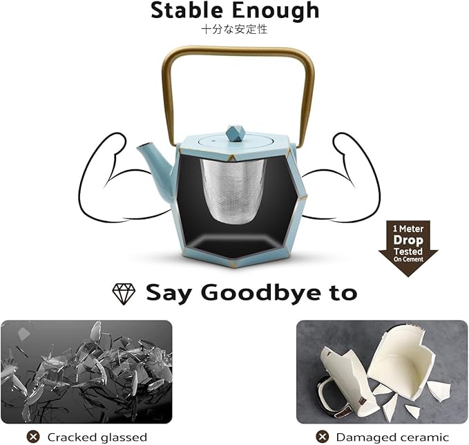 Toptier Cast Iron Teapot, Stovetop Safe Japanese Cast Iron Tea Kettle, Diamond Design Tea Pot with Removable Infuser for Loose Tea, 30 Ounce (900 ml), Blue