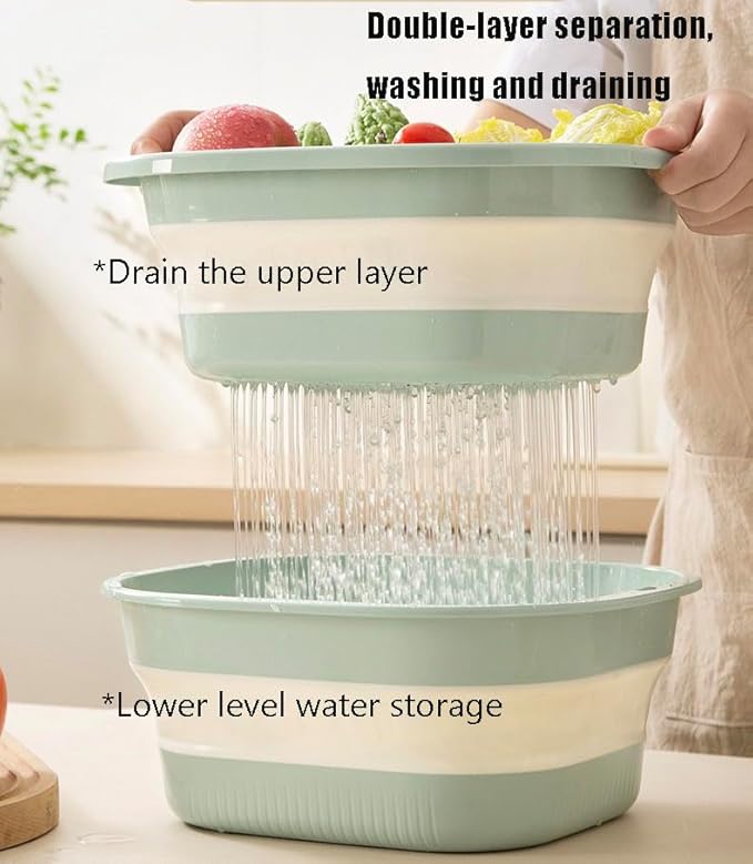 2pcs Folding Colander Bowls Strainers for Kitchen, Double Layer Drain Basket and Fruits Bowl, Multipurpose Food Prep Container for Pasta, Spaghetti, Vegetables, & Fruit Draining (GREEN)
