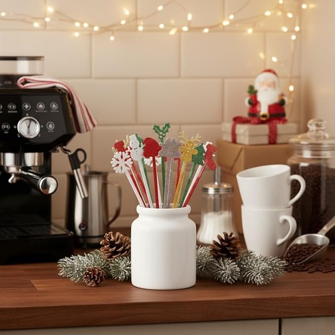 20 Pcs Christmas Drink Stirrers, 5.9" Glitter Plastic Holiday Stir Sticks with 10 Festive Designs for Holiday Hot Chocolate, Cocktails, Coffee & Party Decor