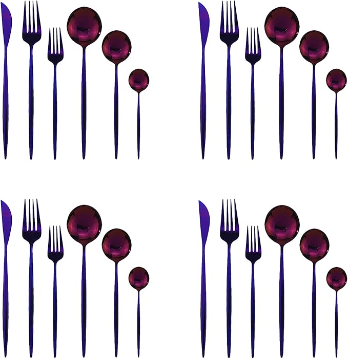 24Pcs Purple Mirror Silverware Flatware Set, 18/0 Stainless Steel Cutlery Set Utensils Kitchen Dinnerware Include Knife Fork Spoon and Teaspoon, Service for 4