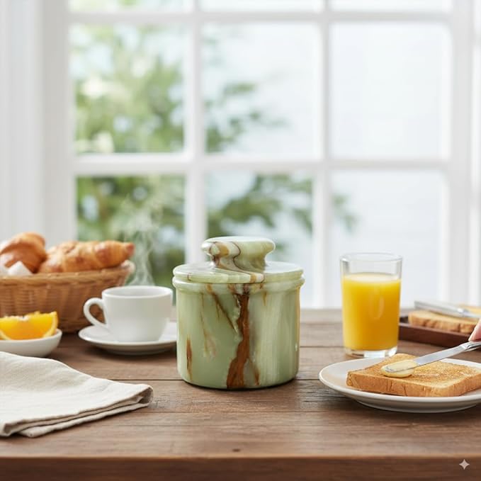 Green Onyx Butter Keeper - Round Marble Butter Dish for Countertop, 4" x 3.5" Butter Crock, Natural Green Onyx Kitchen Decor, Handle With Care