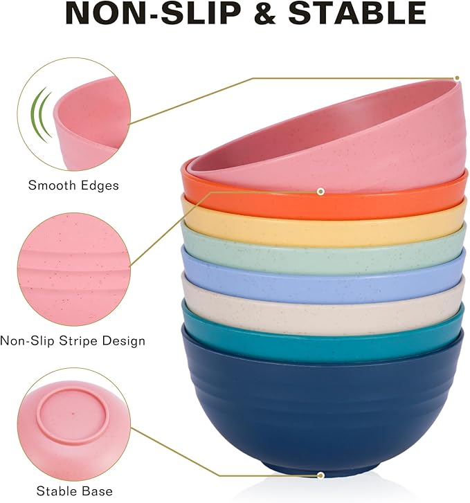 Cereal Bowls, 26 Oz Unbreakable Plastic Cereal Wheat Straw Bowl Sets of 8, Lightweight Microwave Dishwasher Safe Reusable BPA-Free for Kitchen Soup Salad Noodle Desert, Multicolor